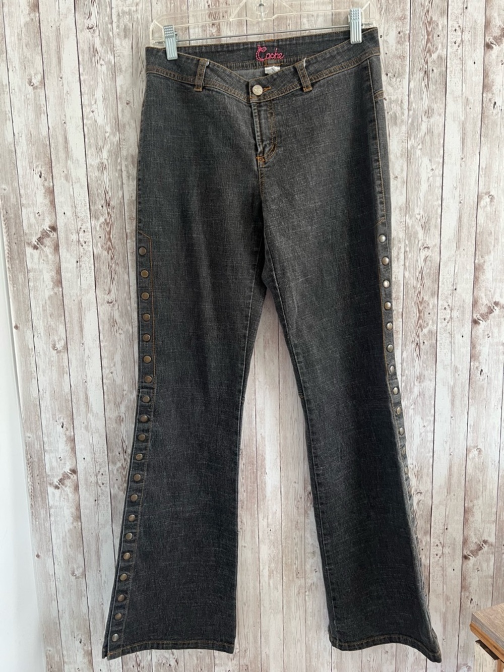 Cache vintage Black Washed Flare Jeans with Side Snap Embellished Western Size 6
